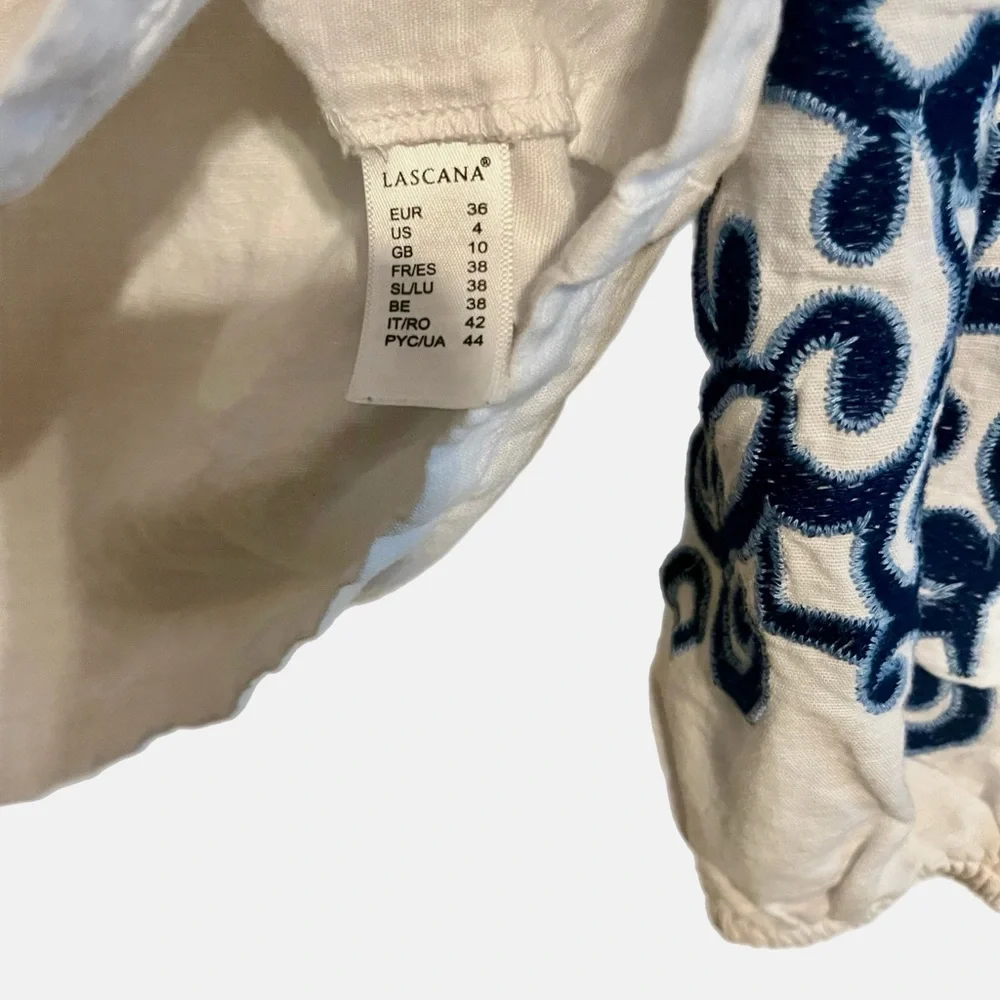 LASCANA Women's White Long Sleeve Shirt with Blue Embroidered Detail Size Small - Picture 4 of 5